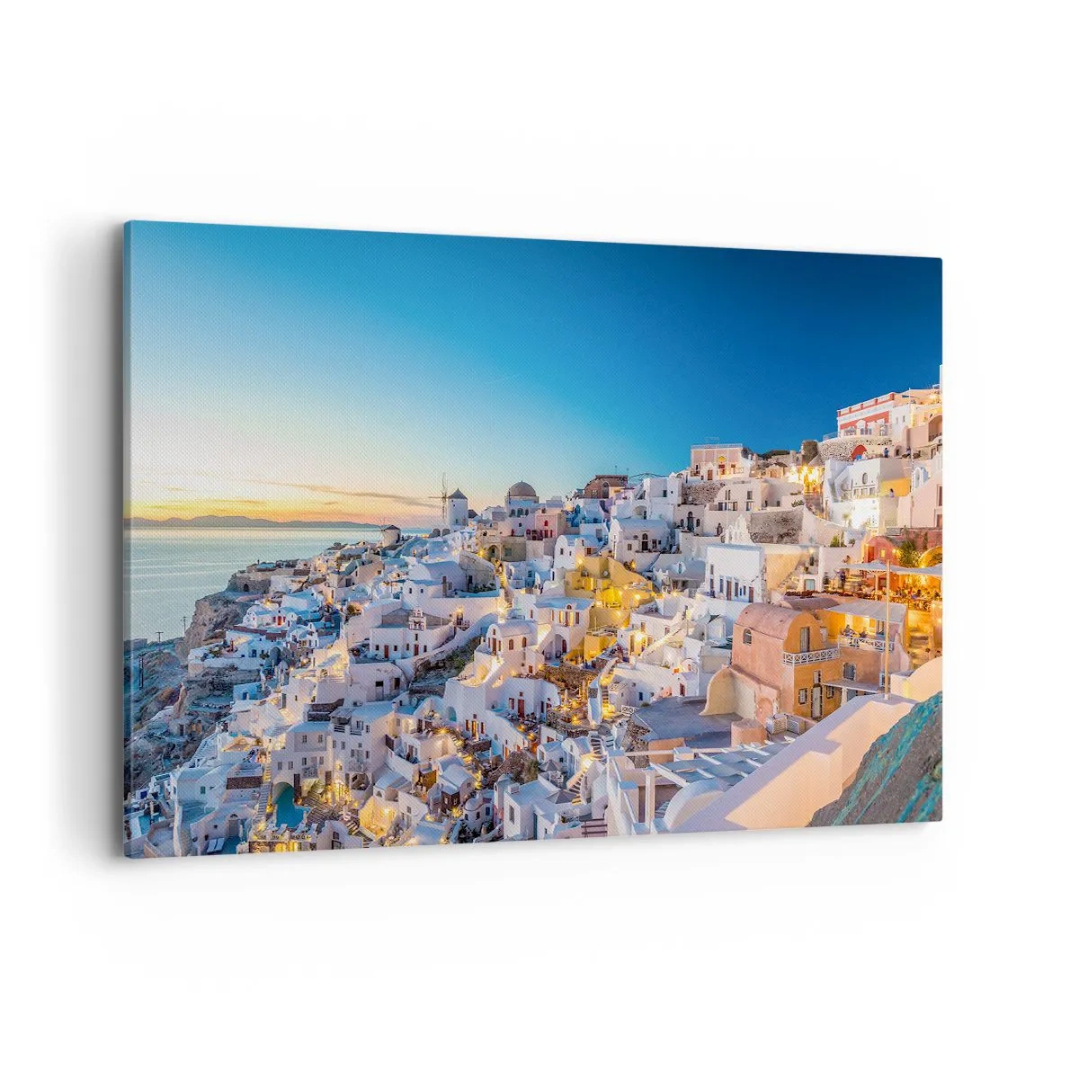 Cuadro sobre lienzo - Impresión de Imagen - Vista de una ciudad griega al atardecer - 100x70cm - La esencia de lo griego - Decoración de pared moderna para salón y dormitorio ARTTOR