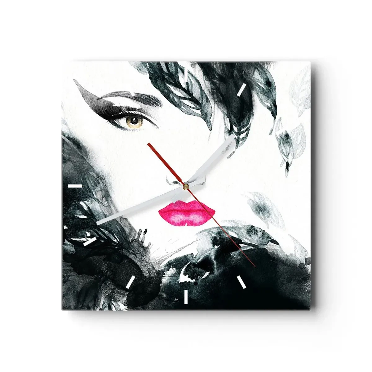 Reloj de pared - Reloj de vidrio - Retrato artístico de una mujer con labios intensamente rosados. - 30x30cm - ¡Cuidado! Femme fatale - Decoración de pared moderna para salón y dormitorio ARTTOR