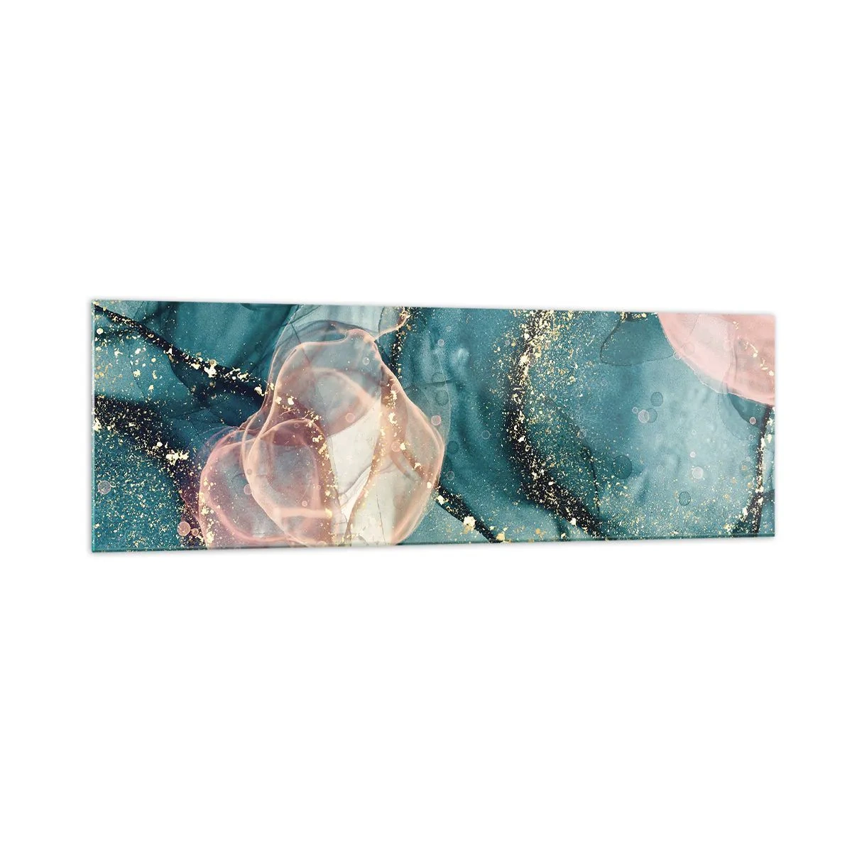 Cuadro sobre vidrio - Impresiones sobre Vidrio - Una composición abstracta en tonos turquesa y dorado. - 160x50cm - Seda azul, tul rosa - Decoración de pared moderna para salón y dormitorio ARTTOR