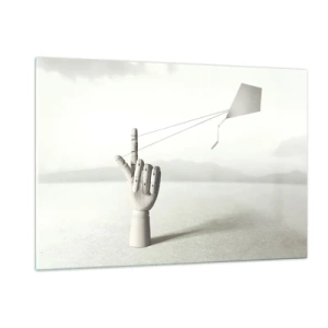 Cuadro sobre vidrio - Impresiones sobre Vidrio - Una mano de madera que sostiene una cometa flotante en su dedo. - 120x80cm - Una prueba de fuerza - Decoración de pared moderna para salón y dormitorio ARTTOR