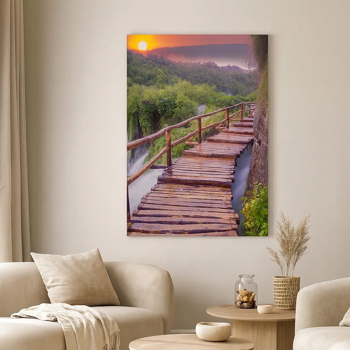 Cuadro sobre lienzo - Impresión de Imagen - Un puente con vistas a las cataratas al atardecer. - 50x70cm - Una belleza inimaginable - Decoración de pared moderna para salón y dormitorio ARTTOR