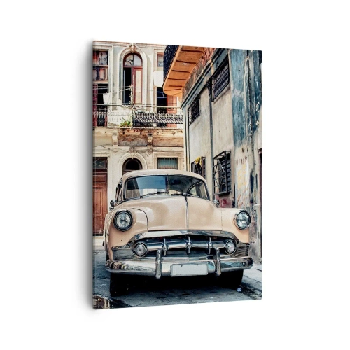 Cuadro sobre lienzo - Impresión de Imagen - Un coche clásico con la arquitectura urbana como telón de fondo - 50x70cm - Siesta en La Habana - Decoración de pared moderna para salón y dormitorio ARTTOR