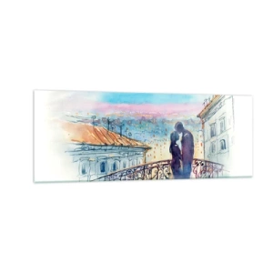 Cuadro sobre vidrio - Impresiones sobre Vidrio - Pareja romántica en un balcón con vistas a la ciudad. - 140x50cm - Los amantes de París - Decoración de pared moderna para salón y dormitorio ARTTOR
