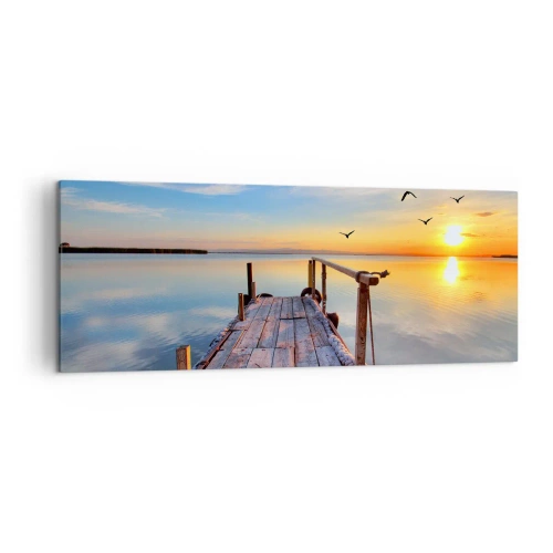Cuadro sobre lienzo - Impresión de Imagen - Muelle de madera al atardecer en un lago tranquilo - 140x50cm - Caminando hacia el sol - Decoración de pared moderna para salón y dormitorio ARTTOR
