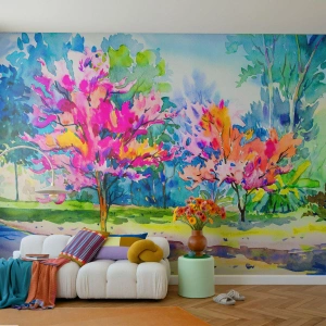 Fotomural Standard Eco - Árboles coloridos en un paisaje de acuarela - 100x70cm - Un jardín de arco iris en el esplendor de la primavera - Decoración de pared moderna para salón y dormitorio ARTTOR
