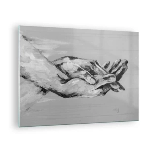 Cuadro sobre vidrio - Impresiones sobre Vidrio - Pintura en blanco y negro de dos manos que se extienden una hacia la otra. - 70x50cm - El comienzo... - Decoración de pared moderna para salón y dormitorio ARTTOR
