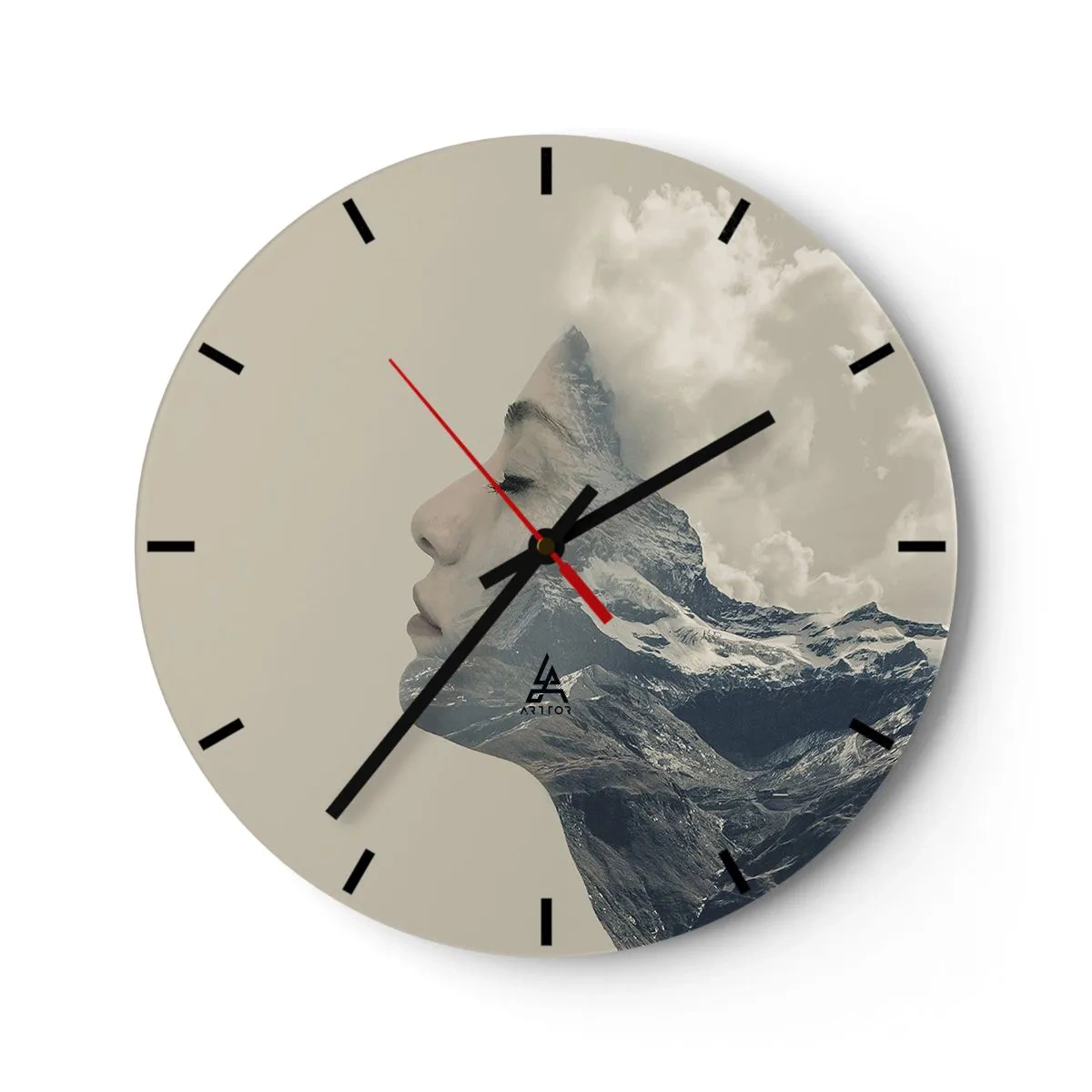 Reloj de pared - Reloj de vidrio - El rostro de una mujer entrelazado con un paisaje de montaña. - 30x30cm - La belleza de los elementos - Decoración de pared moderna para salón, cocina y dormitorio ARTTOR