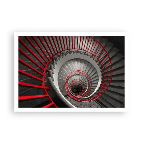 Póster - Escalera de caracol con pasamanos rojos en perspectiva dinámica. - 100x70cm - Juegos arquitectónicos - Decoración de pared moderna para salón y dormitorio ARTTOR