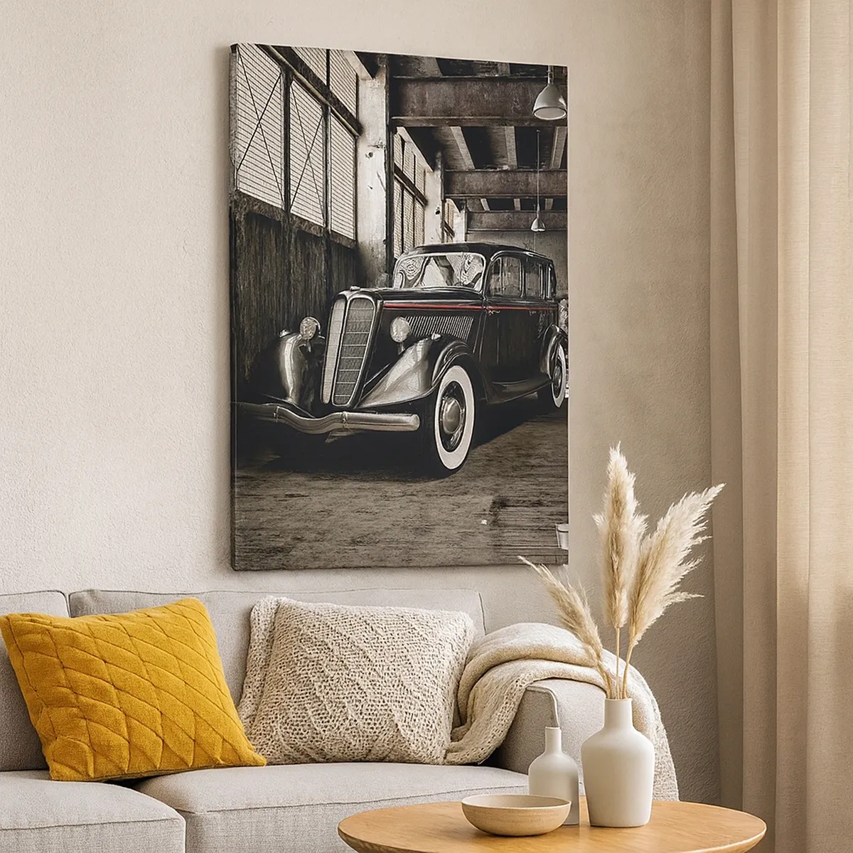 Cuadro sobre lienzo - Impresión de Imagen - Un elegante coche retro en un almacén rústico - 50x70cm - La elegancia perdurable de los años 30. - Decoración de pared moderna para salón y dormitorio ARTTOR
