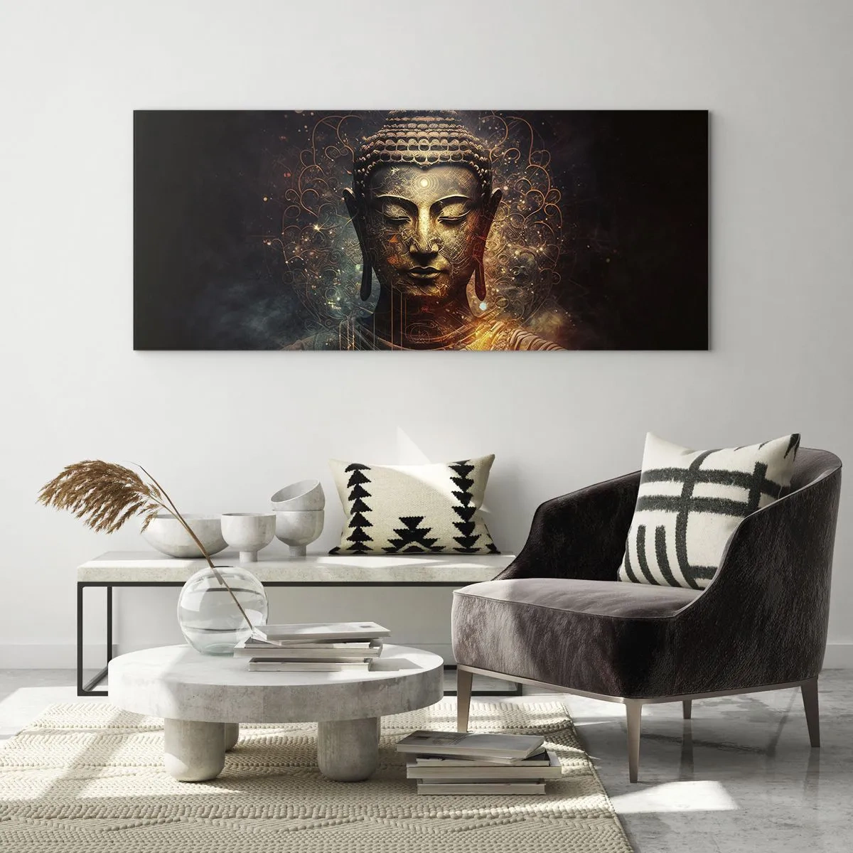 Cuadro sobre vidrio - Impresiones sobre Vidrio - Buda dorado sobre un fondo oscuro con adornos. - 160x50cm - Equilibrio espiritual - Decoración de pared moderna para salón y dormitorio ARTTOR