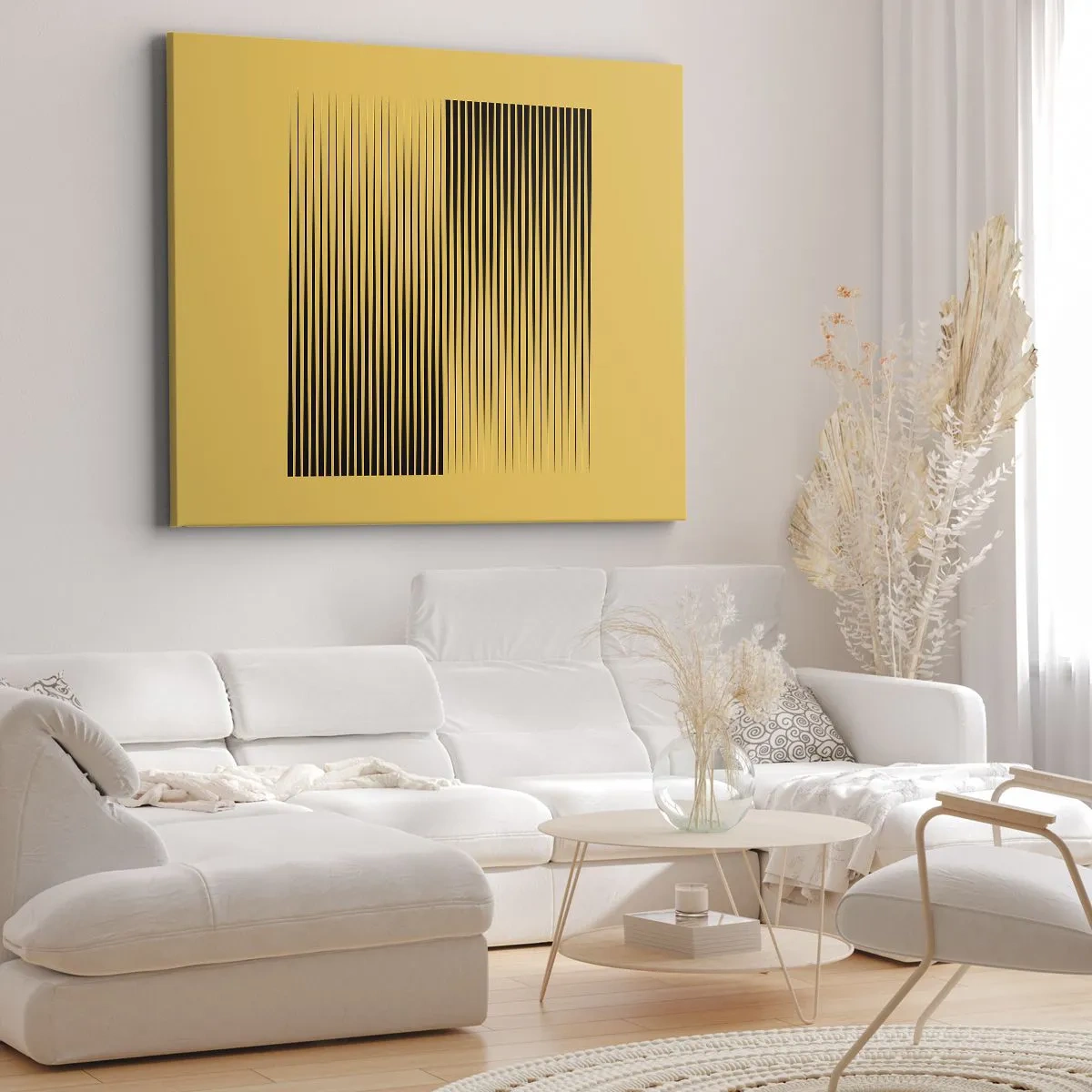 Cuadro sobre lienzo - Impresión de Imagen - Líneas negras verticales sobre un fondo amarillo - 70x50cm - Cuadrado de opuestos - Decoración de pared moderna para salón y dormitorio ARTTOR