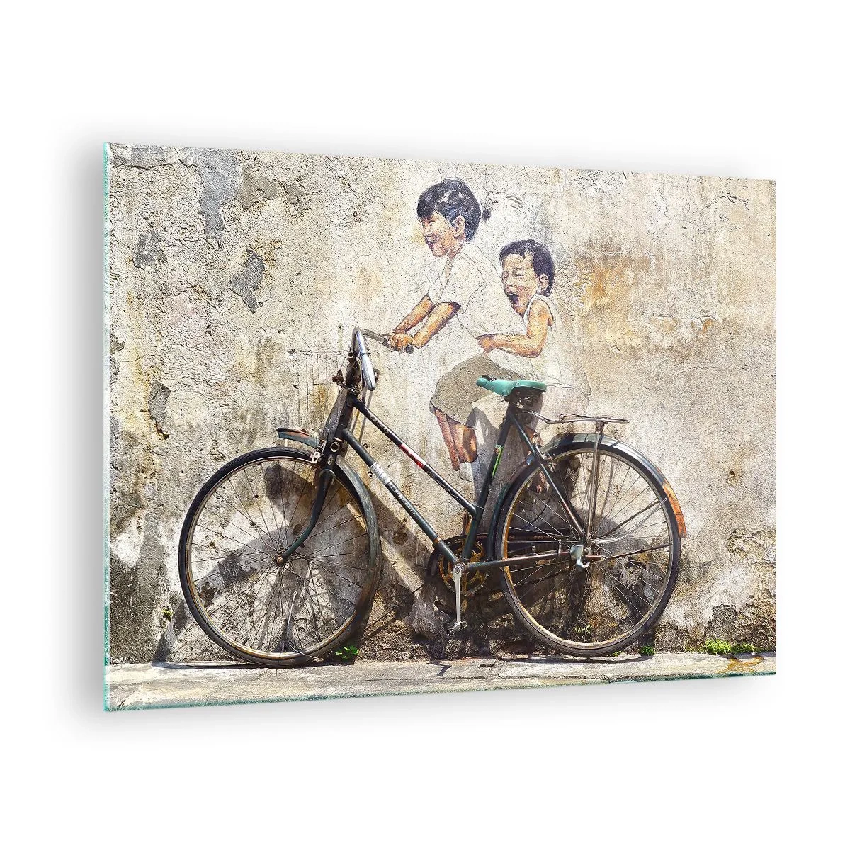 Cuadro sobre vidrio - Impresiones sobre Vidrio - Un mural con una bicicleta y figuras de niños sobre un fondo de pared. - 70x50cm - ¿Verdadero o falso? - Decoración de pared moderna para salón y dormitorio ARTTOR