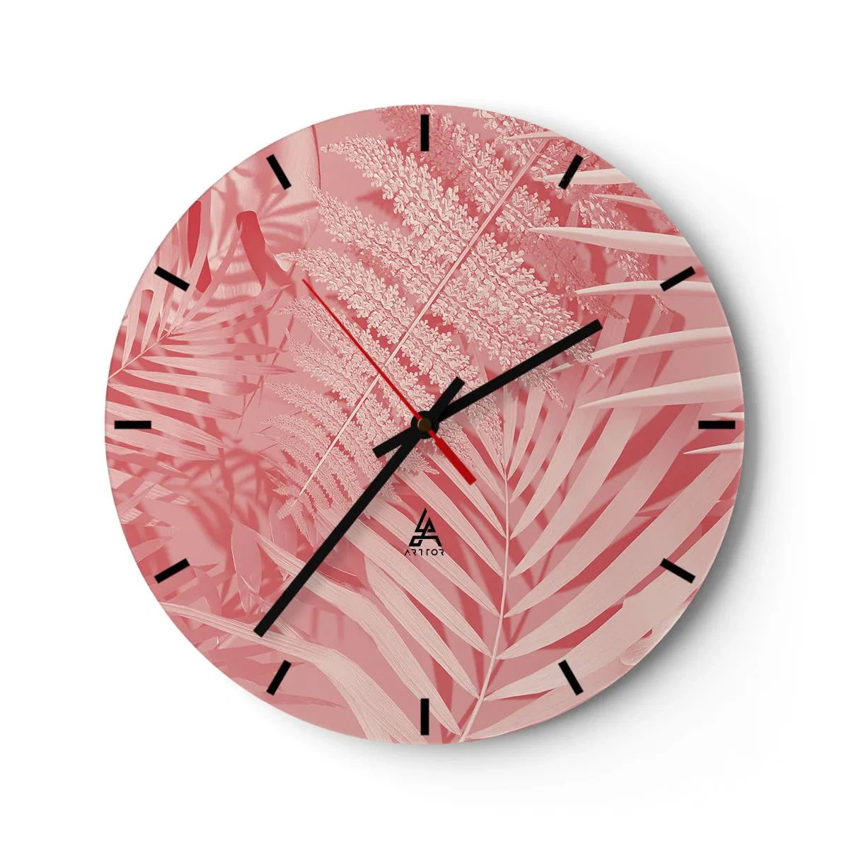 Reloj de pared - Reloj de vidrio - Hojas de plantas tropicales en tonos rosa y beige. - 30x30cm - Concepto rosa - Decoración de pared moderna para salón, cocina y dormitorio ARTTOR