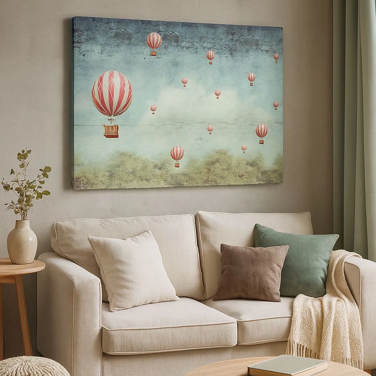 Cuadro sobre lienzo - Impresión de Imagen - Globos retro contra un cielo azul y un fondo verde. - 70x50cm - Libre del ajetreo de la vida - Decoración de pared moderna para salón y dormitorio ARTTOR
