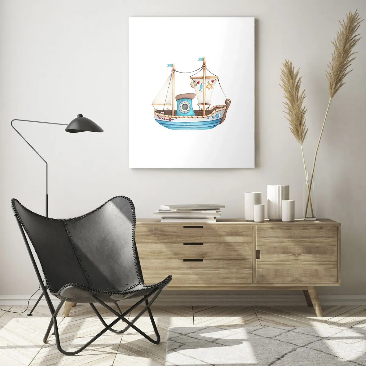 Cuadro sobre vidrio - Impresiones sobre Vidrio - Ilustración de un barco en colores pastel sobre un fondo blanco. - 80x120cm - A la aventura - Decoración de pared moderna para salón y dormitorio ARTTOR