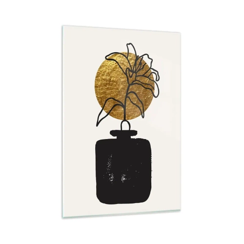 Cuadro sobre vidrio - Impresiones sobre Vidrio - Un dibujo de una flor en un jarrón sobre un fondo de círculo dorado. - 80x120cm - Belleza en equilibrio - Decoración de pared moderna para salón y dormitorio ARTTOR