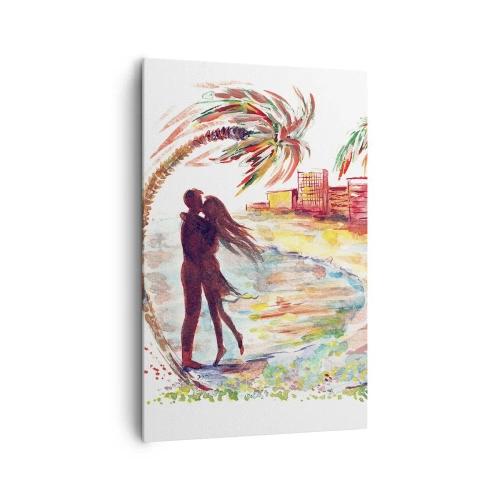 Cuadro sobre lienzo - Impresión de Imagen - Escena romántica de pareja en una playa con palmeras en acuarela - 80x120cm - Unas vacaciones románticas - Decoración de pared moderna para salón y dormitorio ARTTOR