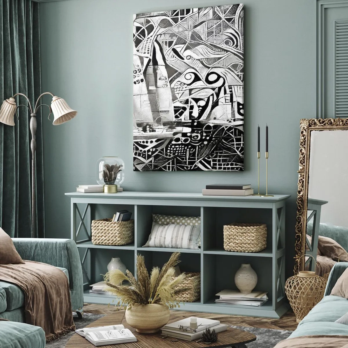 Cuadro sobre lienzo - Impresión de Imagen - Veleros abstractos en una composición monocromática - 50x70cm - Entre las olas - Decoración de pared moderna para salón y dormitorio ARTTOR