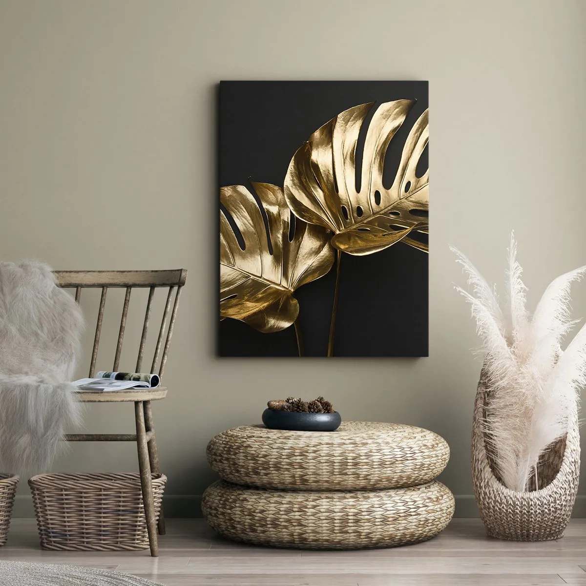 Cuadro sobre lienzo - Impresión de Imagen - Hojas de monstera doradas sobre fondo negro - 80x120cm - Tesoros de la naturaleza - Decoración de pared moderna para salón y dormitorio ARTTOR