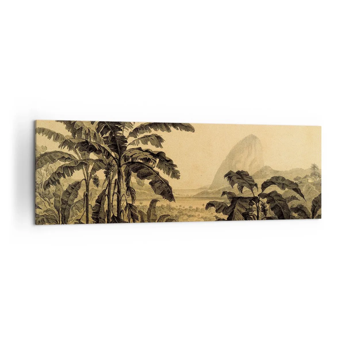 Cuadro sobre lienzo - Impresión de Imagen - Dibujo de árboles de plátano sobre un fondo de paisaje tropical. - 160x50cm - En un ambiente colonial - Decoración de pared moderna para salón y dormitorio ARTTOR