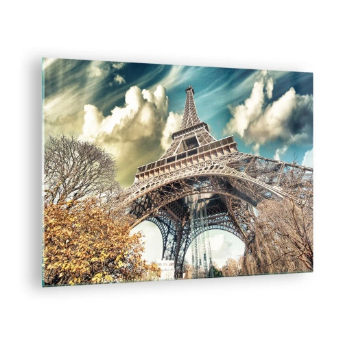 Cuadro sobre vidrio - Impresiones sobre Vidrio - La Torre Eiffel en un paisaje otoñal contra un cielo dinámico. - 70x50cm - Y en París, en otoño... - Decoración de pared moderna para salón y dormitorio ARTTOR