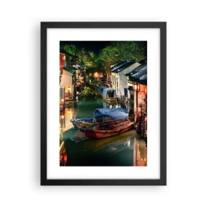 Póster en marco negro - Noche en una calle china - 30x40 cm