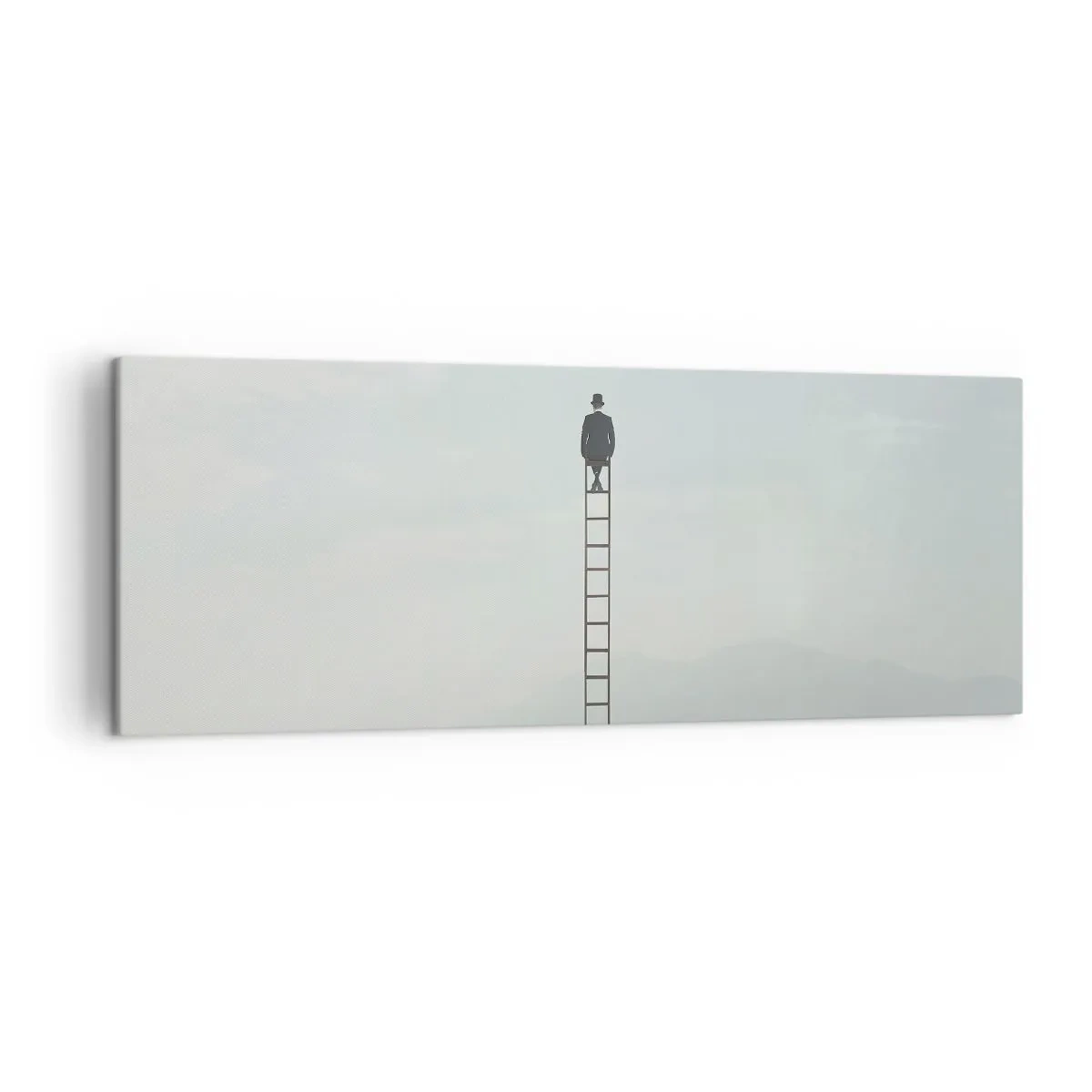 Cuadro sobre lienzo - Impresión de Imagen - Un hombre en una escalera que sube hacia el cielo. - 140x50cm - Hacia lo más alto - Decoración de pared moderna para salón y dormitorio ARTTOR