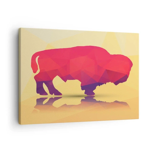 Cuadro sobre lienzo - Impresión de Imagen - Silueta geométrica de un bisonte en tonos rojos y morados. - 70x50cm - Fuerza de bisonte - Decoración de pared moderna para salón y dormitorio ARTTOR