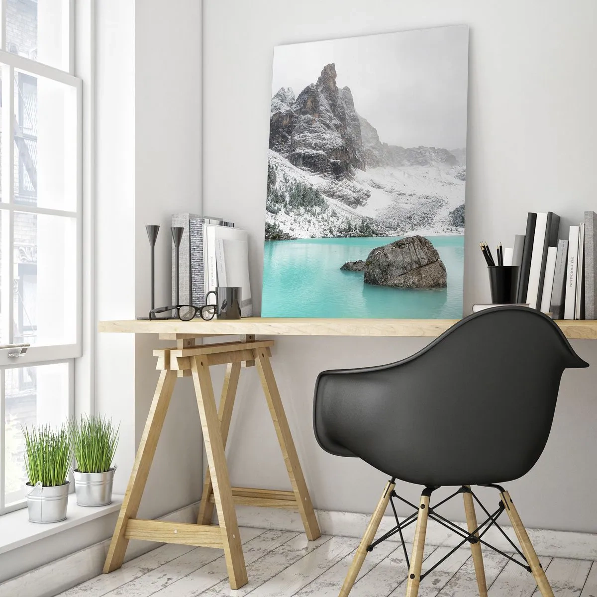 Cuadro sobre vidrio - Impresiones sobre Vidrio - Paisaje invernal con un lago turquesa - 50x70cm - En guardia - Decoración de pared moderna para salón y dormitorio ARTTOR