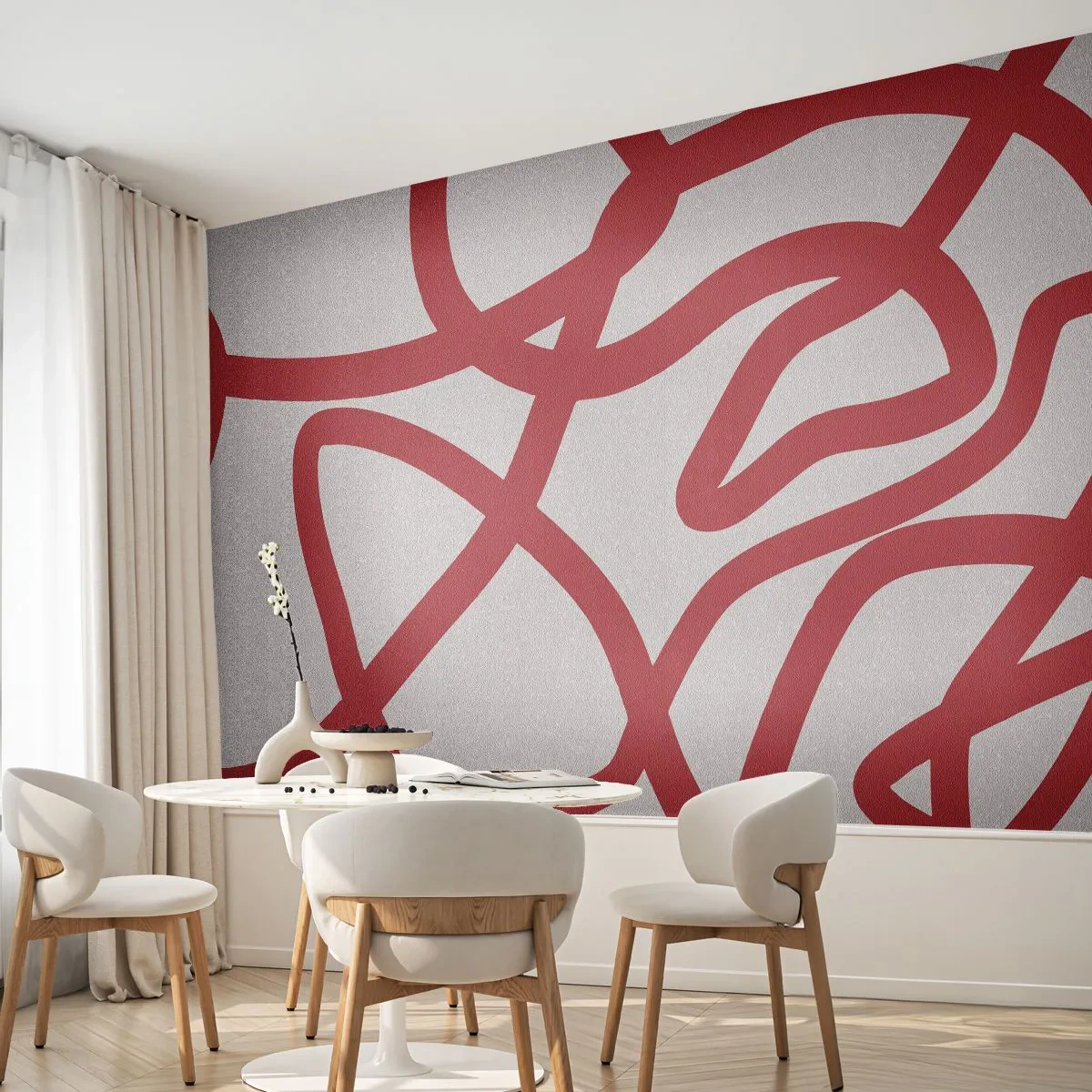 Fotomural Standard Eco - Líneas rojas irregulares sobre un fondo blanco en estilo abstracto. - 100x70cm - Rojo sobre blanco - Decoración de pared moderna para salón y dormitorio ARTTOR