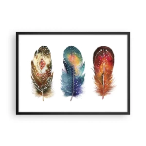 Póster en marco negro - Tres plumas de colores con patrones artísticos sobre un fondo claro. - 70x50cm - Rituales, ceremonias, secretos - Decoración de pared moderna para salón y dormitorio ARTTOR