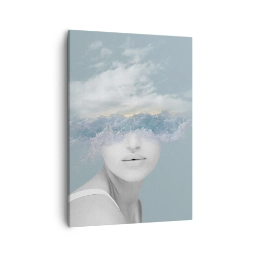 Cuadro sobre lienzo - Impresión de Imagen - Retrato de una mujer con el rostro oculto tras nubes y olas. - 50x70cm - Con la cabeza en las nubes - Decoración de pared moderna para salón y dormitorio ARTTOR
