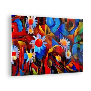 Cuadro sobre vidrio - Impresiones sobre Vidrio - Flores abstractas coloridas sobre un fondo de colores intensos. - 70x50cm - Colores de la vida - Decoración de pared moderna para salón y dormitorio ARTTOR
