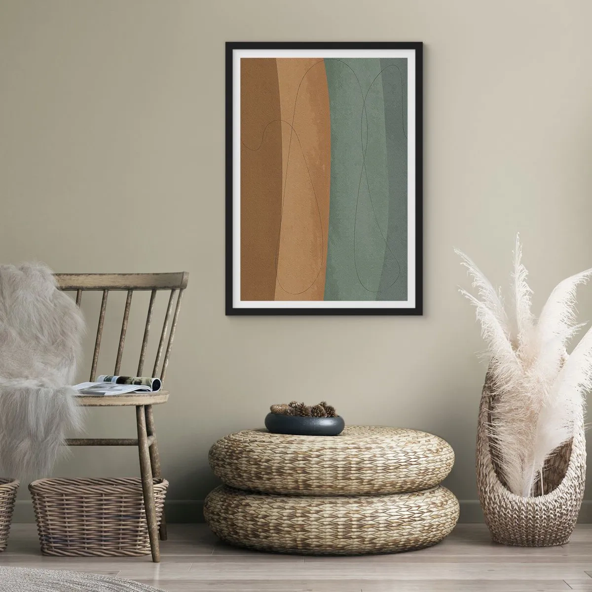 Póster en marco negro - Líneas orgánicas sobre fondos terrosos y verdes. - 50x70cm - Composición horizontal - Decoración de pared moderna para salón y dormitorio ARTTOR