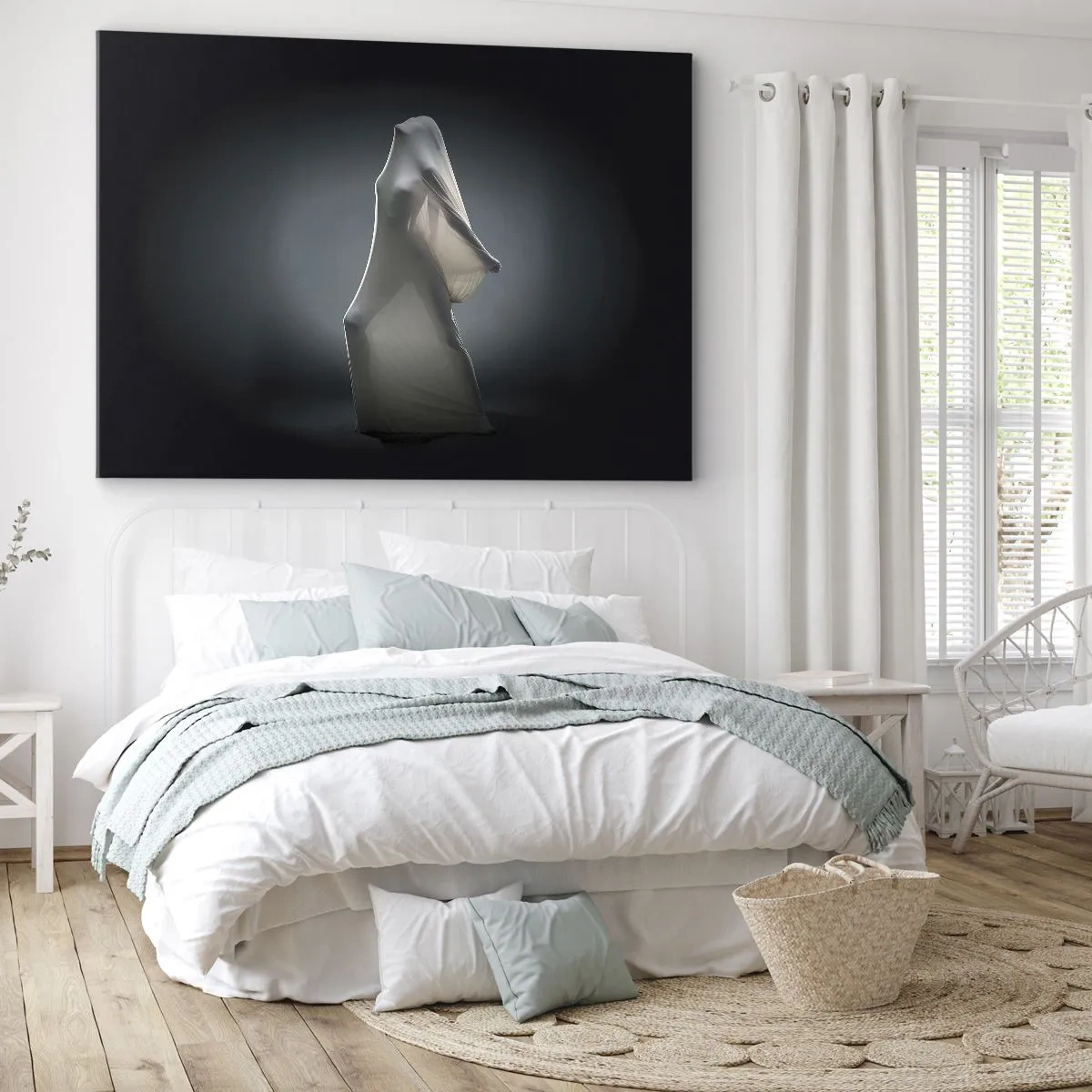 Cuadro sobre lienzo - Impresión de Imagen - Una figura en tela blanca sobre un fondo oscuro. - 70x50cm - Deseos ocultos - Decoración de pared moderna para salón y dormitorio ARTTOR