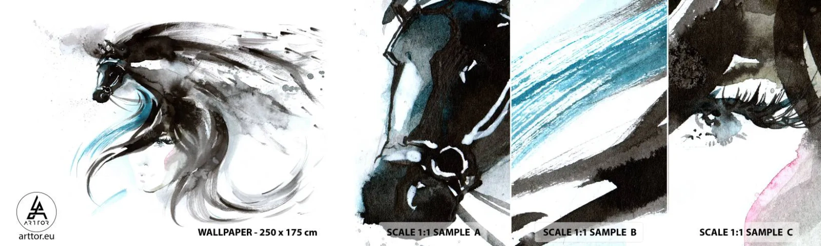 Muestra de fotomural autoadhesivo Deluxe Sticker - El galope del Príncipe Negro - animales, Caballo, Gráficos - 100x30 cm