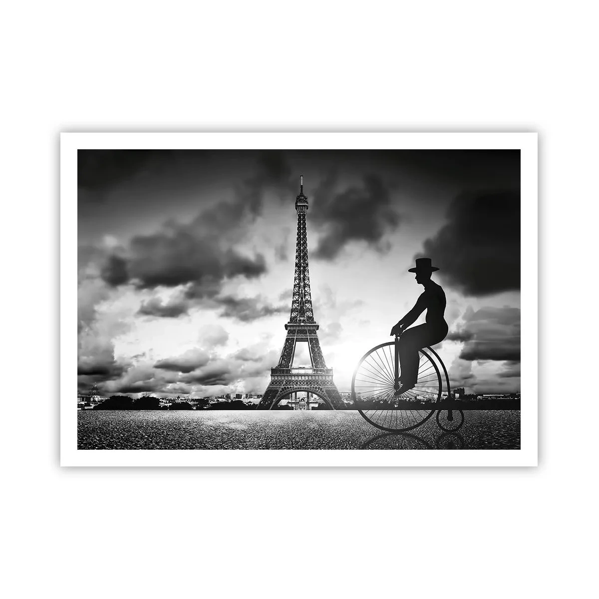 Póster - Imagen en blanco y negro de una bicicleta retro con la Torre Eiffel al fondo. - 100x70cm - Añoranza de la Belle Epoque - Decoración de pared moderna para salón y dormitorio ARTTOR