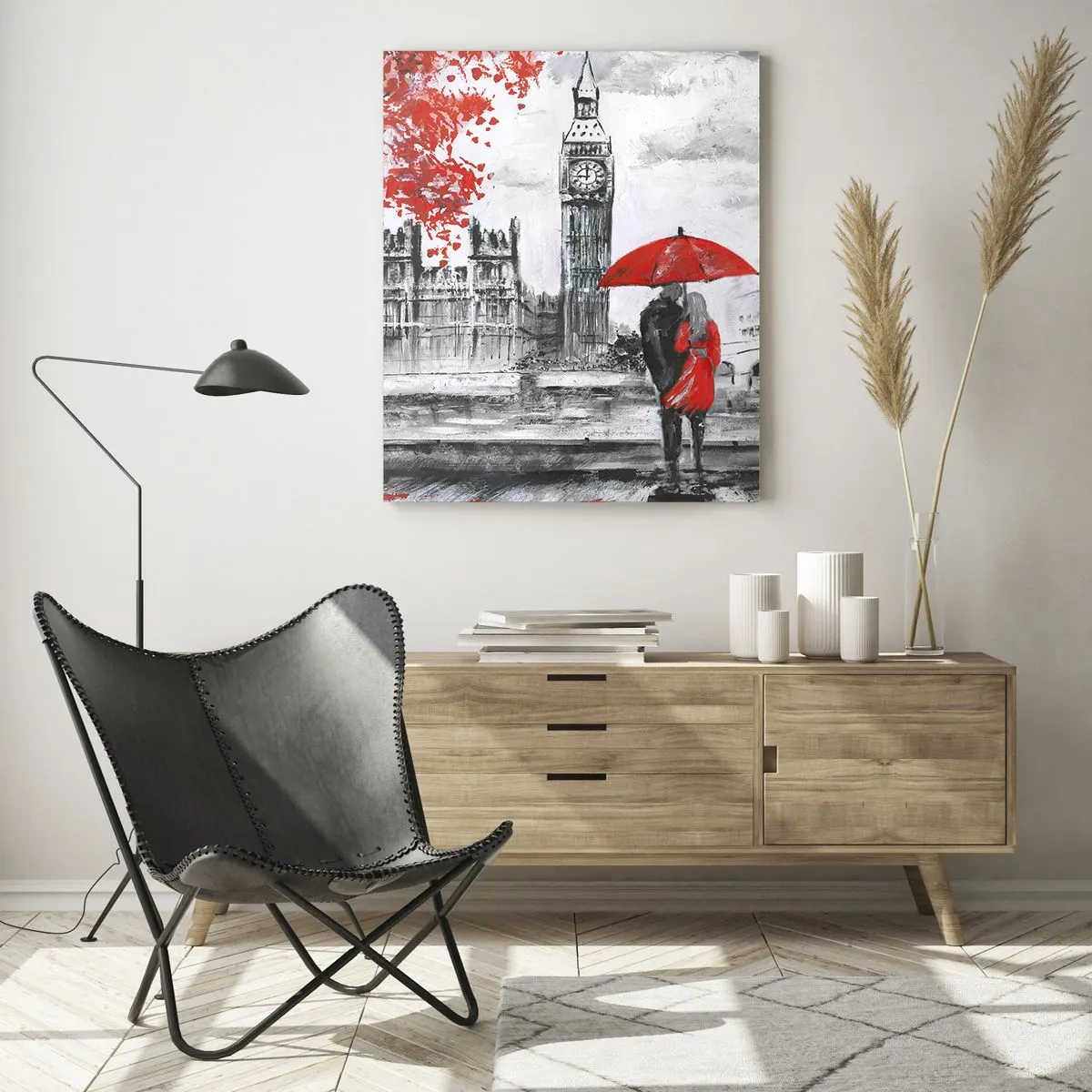 Cuadro sobre vidrio - Impresiones sobre Vidrio - Una pareja bajo un paraguas rojo con el Big Ben y árboles otoñales al fondo. - 50x70cm - Londres enamora - Decoración de pared moderna para salón y dormitorio ARTTOR