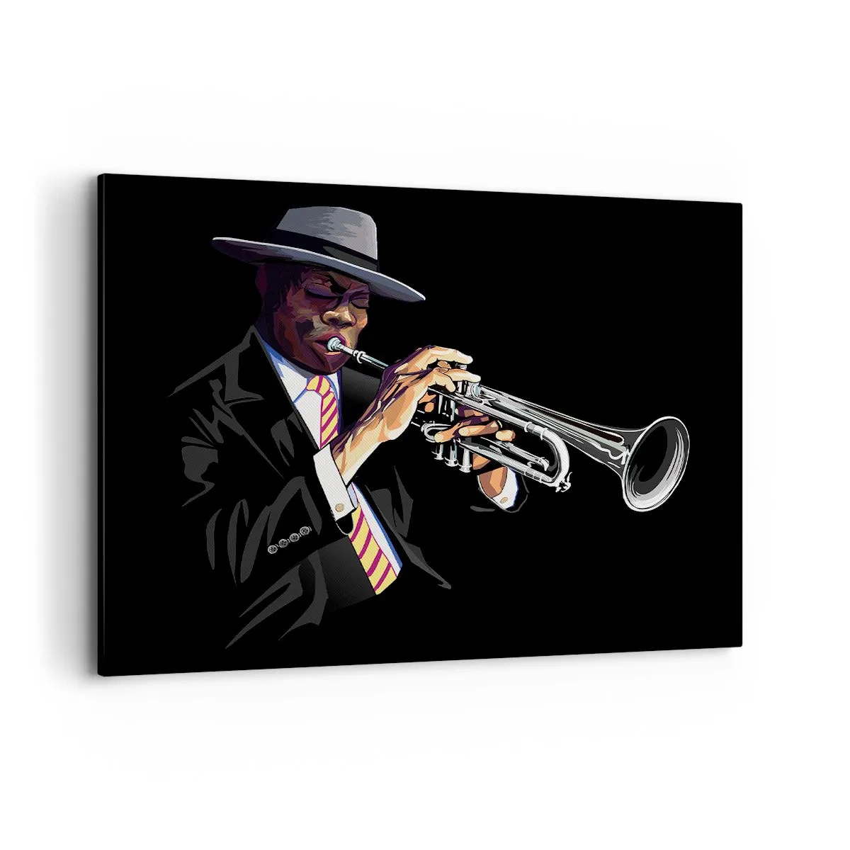 Cuadro sobre lienzo - Impresión de Imagen - Un músico tocando la trompeta sobre un fondo negro. - 120x80cm - El encanto de la vieja escuela - Decoración de pared moderna para salón y dormitorio ARTTOR