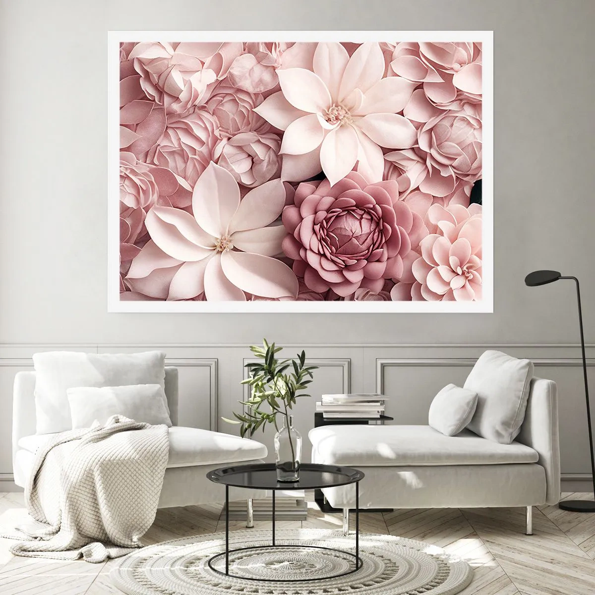 Póster - Flores en tonos rosa y blanco en un enfoque artístico. - 100x70cm - Entre pétalos rosas - Decoración de pared moderna para salón y dormitorio ARTTOR