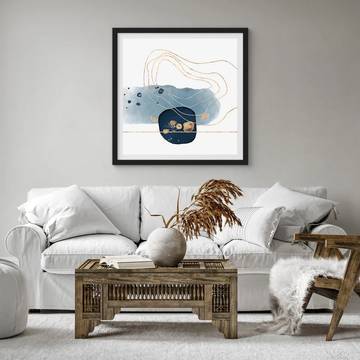 Póster en marco negro - Fantasía azul y oro - 40x40 cm