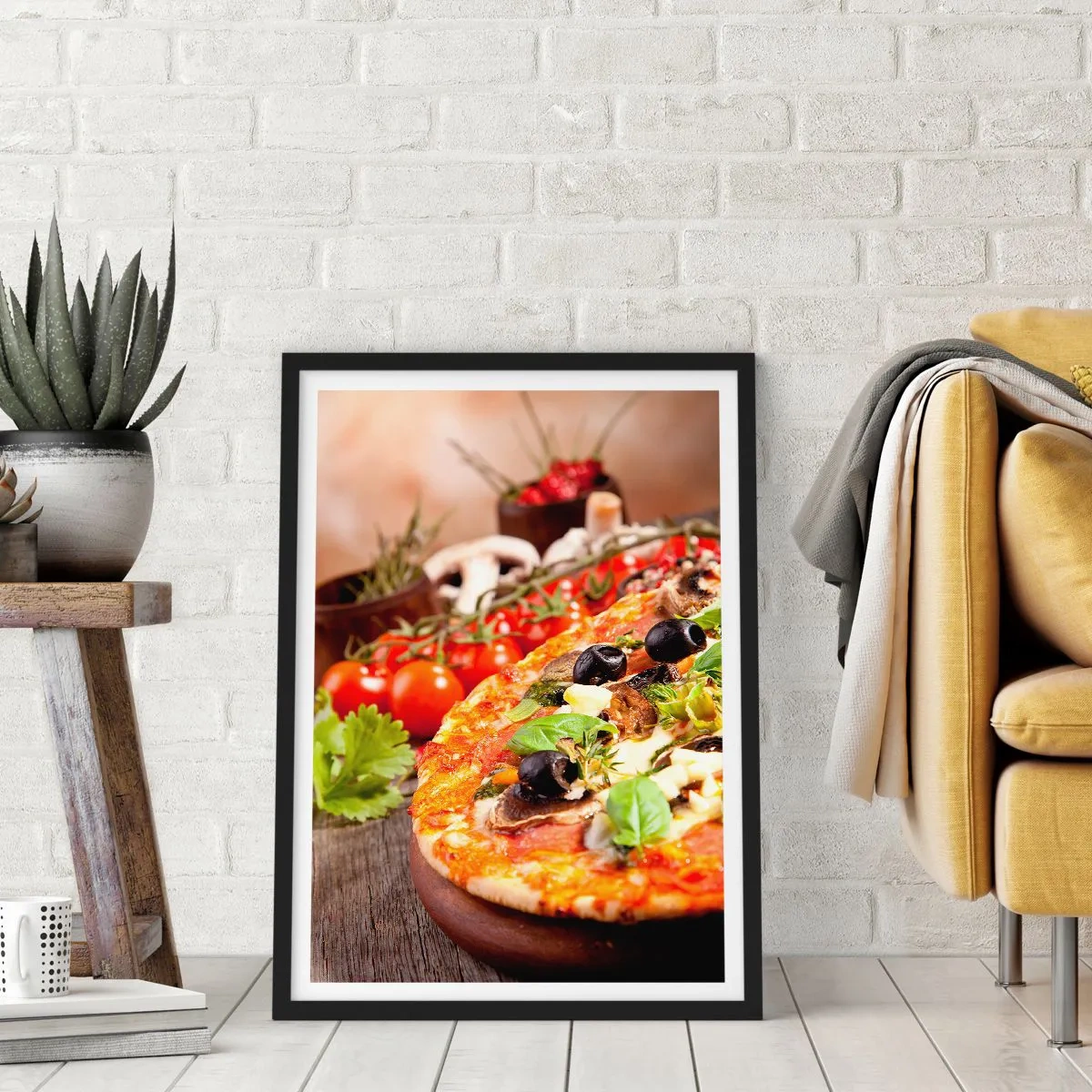 Póster en marco negro - Pizza con aceitunas y hierbas con ingredientes frescos. - 50x70cm - De ingredientes puros - Decoración de pared moderna para salón y dormitorio ARTTOR