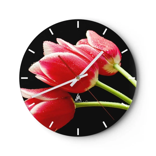 Reloj de pared - Reloj de vidrio - Tulipanes rojos con gotas de agua sobre un fondo negro - 30x30cm - Promesa de amor puro - Decoración de pared moderna para salón, cocina y dormitorio ARTTOR