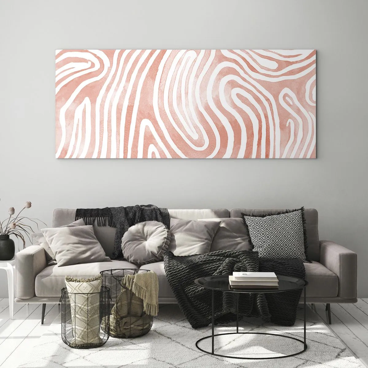 Cuadro sobre vidrio - Impresiones sobre Vidrio - Patrón abstracto en tonos rosa y blanco. - 120x50cm - En un laberinto de coral - Decoración de pared moderna para salón y dormitorio ARTTOR