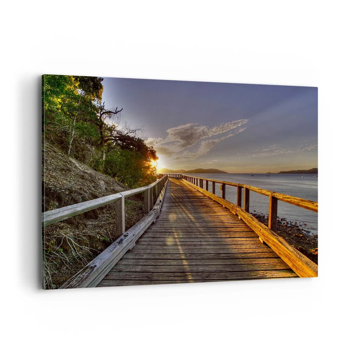 Cuadro sobre lienzo - Impresión de Imagen - Un embarcadero de madera conduce hacia la puesta de sol sobre el agua. - 100x70cm - Camina, sigue caminando hacia el sol - Decoración de pared moderna para salón y dormitorio ARTTOR