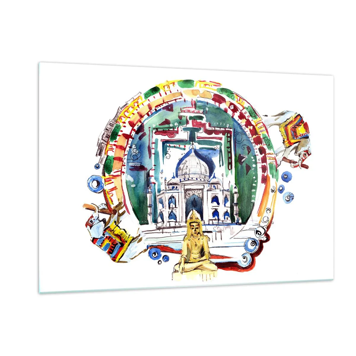 Cuadro sobre vidrio - Impresiones sobre Vidrio - Ilustración colorida de monumentos indios en estilo acuarela - 120x80cm - Hindú - Decoración de pared moderna para salón y dormitorio ARTTOR