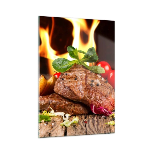 Cuadro sobre vidrio - Impresiones sobre Vidrio - Filete a la parrilla con verduras con el telón de fondo de las llamas - 50x70cm - Embrujo de fuego - Decoración de pared moderna para salón y dormitorio ARTTOR