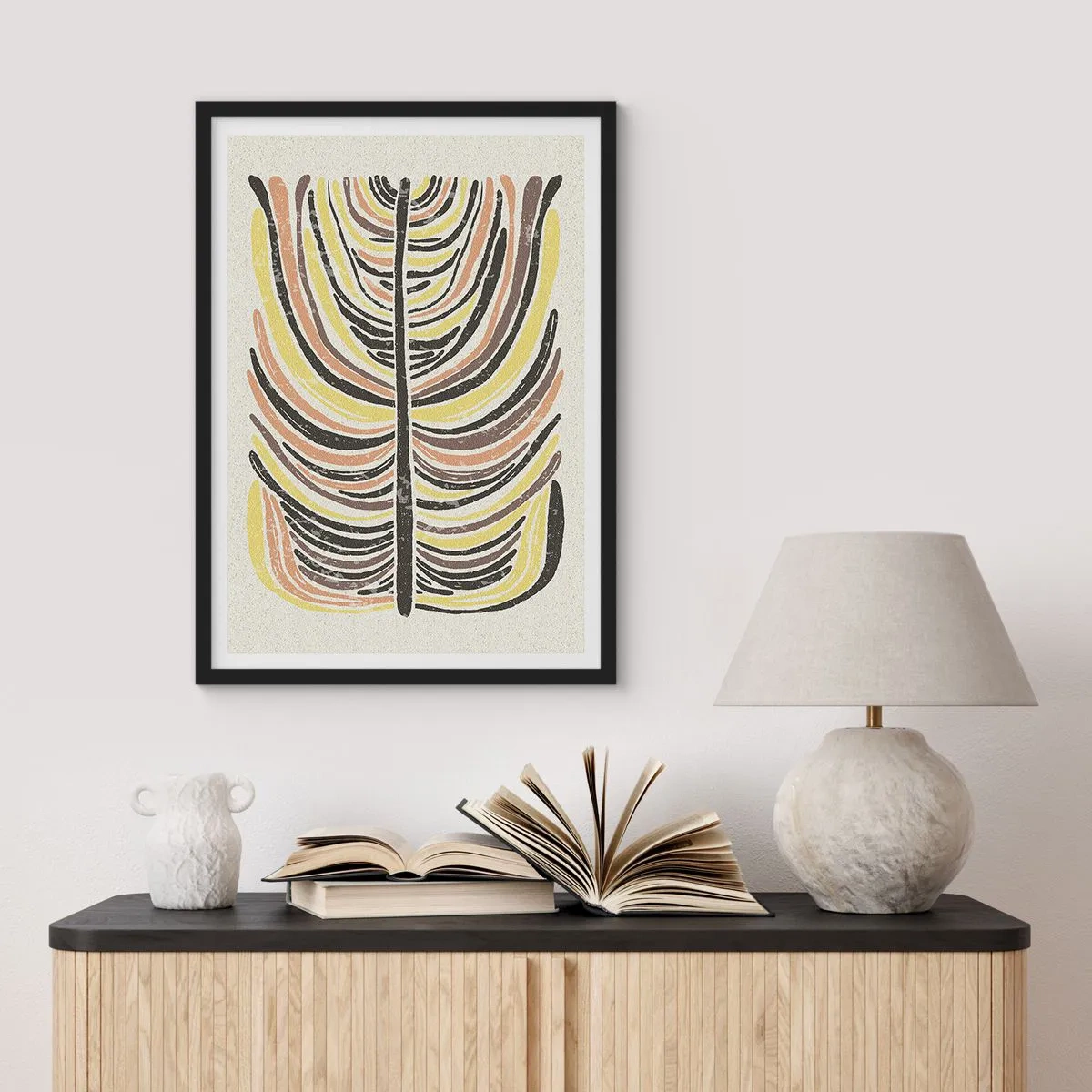 Póster en marco negro - Hoja abstracta en tonos tierra - 50x70cm - Abstracción vibrante - Decoración de pared moderna para salón y dormitorio ARTTOR