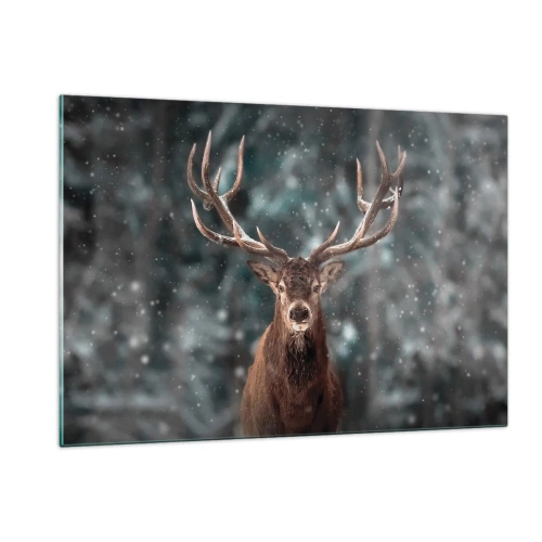 Cuadro sobre vidrio - Impresiones sobre Vidrio - Un ciervo orgulloso en un bosque invernal en medio de la nieve que cae. - 120x80cm - Coronado rey del bosque - Decoración de pared moderna para salón y dormitorio ARTTOR