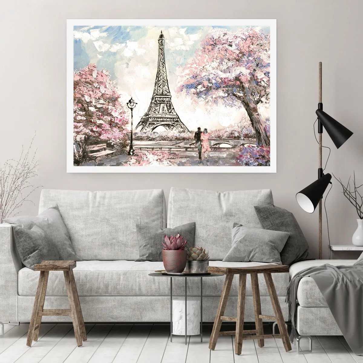 Póster - La Torre Eiffel rodeada de árboles en flor. - 100x70cm - Un paseo por París en abril - Decoración de pared moderna para salón y dormitorio ARTTOR